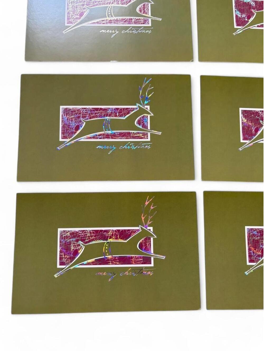 Vintage Modern Reindeer Christmas Cards Set of 7 Holographic Foil